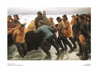 Michael Ancher: Fiskere i færd med at sætte en Rorsbåd i Vandet. 1881